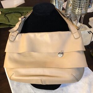 Nina Ricci pebbled camel leather buckle straps layered lined shoulder bag